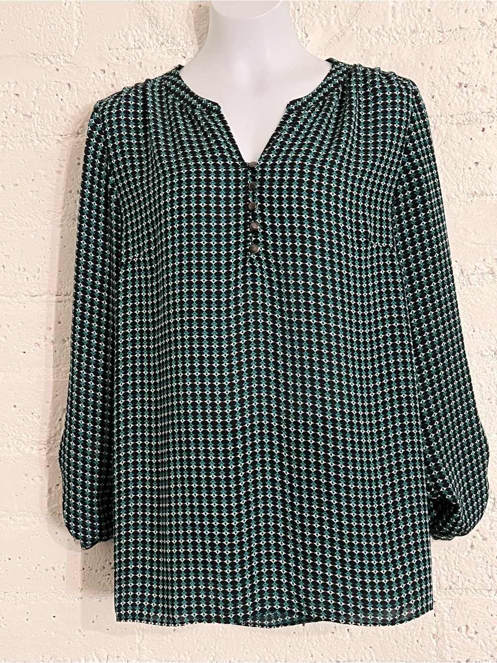 Laundry by Shelli Segal Womens Top L Green Black Geometric Tab Sleeve Blouse B17